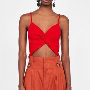 Zara Red Knotted Crop Tank Top Size L Trendy Summer Basic